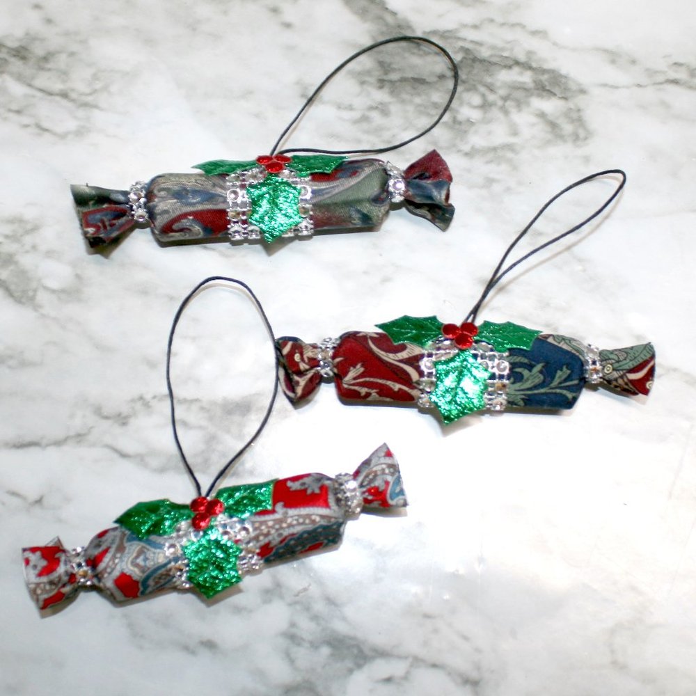 UPCYCLED Necktie Ornament Christmas Candy Roll Handmade Burgundy Neck Tie Set